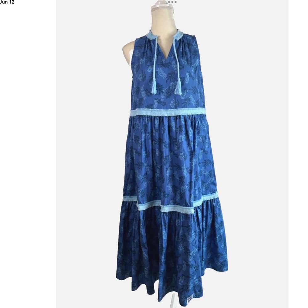 Disney Polynesian Resort Tiki Maxi Dress Blue Trader Sams Tiered Rare Sz SM NWOT
